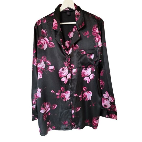 VICTORIA'S SECRET Women's Satin Floral Button Down Pajama Shirt Black Medium - Picture 1 of 12